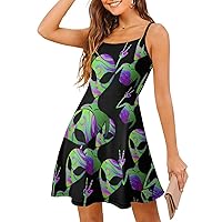 Tie Dye Alien Spaghetti Strap Mini Dress Sleeveless Adjustable Beach Dresses Backless Sundress for Women