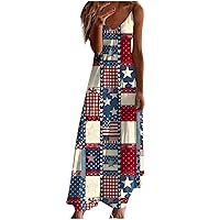 Stars Stripes Maxi Sundress Women 4th of July American Flag Beach Dress Summer Sleeveless V Neck Patriotic Dresses