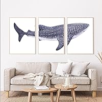 NATVVA 3 Piece Minimalist Blue Whale Canvas Wall Art Under Ocean Animal Picture Watercolor Shark Print Artwork for Nursery Playroom Nautical Home Decoration with Inner Frame