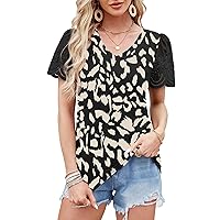 XIEERDUO Lace Puff Sleeve Tops for Women 2024 V Neck Shirts Womens Shirts Dressy Casual Loose Tops Summer Tee Shirt