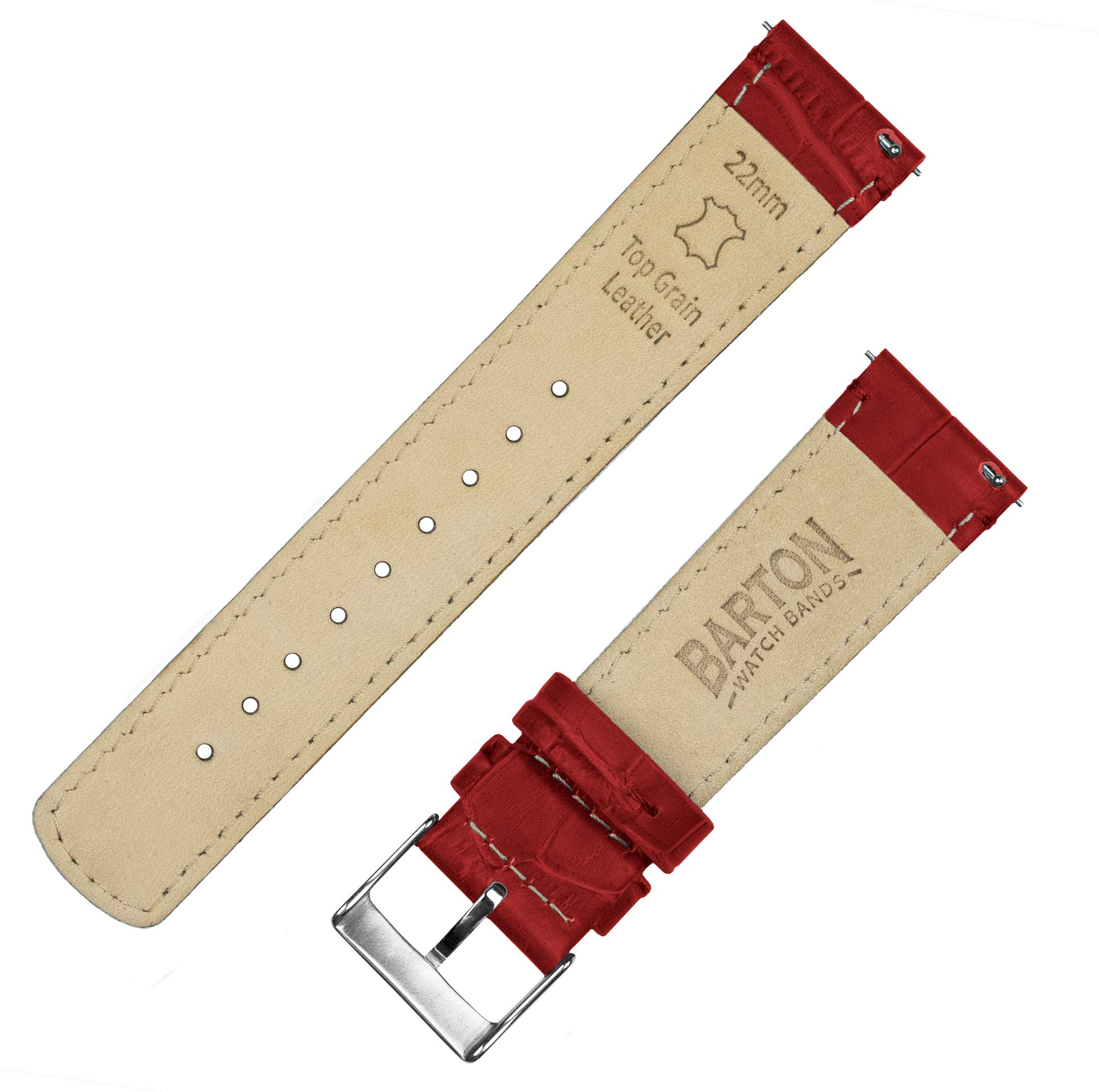 24mm Crimson Red - Long - BARTON Alligator Grain - Quick Release Leather Watch Bands