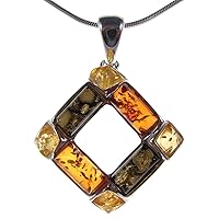 BALTIC AMBER AND STERLING SILVER 925 DIAMOND SHAPE PENDANT NECKLACE - 10 12 14 16 18 20 22 24 26 28 30 32 34 36 38 40