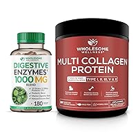 Wholesome Wellness Digestive Enzymes 1000MG Plus Prebiotics & Probiotics Supplement + Multi Collagen Protein Powder Hydrolyzed (Type I II III V X) Bundle