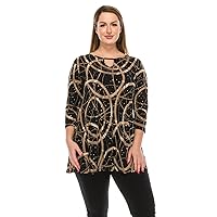 Jostar Women's Key Hole Front Top - 3/4 Sleeve Print Tunic Round Neck Casual Printed T Shirt