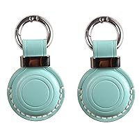 2 Pack KEEPXYZ Genuine Leather Airtag Holder Suitable for Apple Airtag Keychain Leather, Secure Air Tag Holder with Stainless Steel Ring Lock, Durable Airtag Case Cover Key Ring - Cyan V2.0 (No Hole)