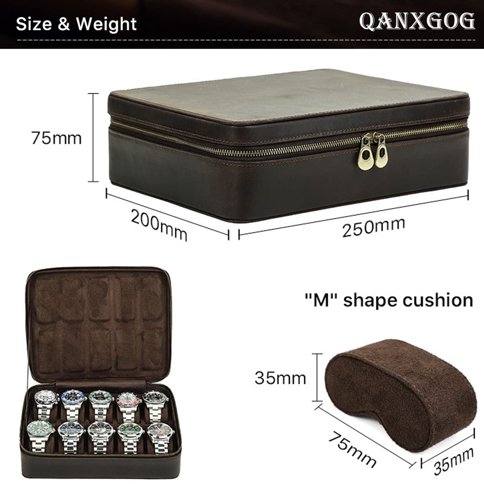 QANXGOG Genuine Leather 10 Slots Rectangle Watch Box Business Travel Case, High Capacity Travel Case Businss Gift Roll Jewelry Coin Box for Men Women