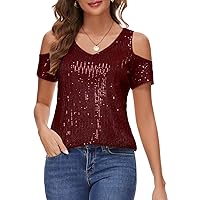Womens Sparkly Sequin Top V Neck Cold Shoulder Glitter Short Sleeve Dressy Party Blouse Shirts