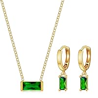 Dainty Gold May Emerald Birthstone Pendant Necklace with Small Huggie Hoop Dangle Earrings Jewelry Set for Women Girls