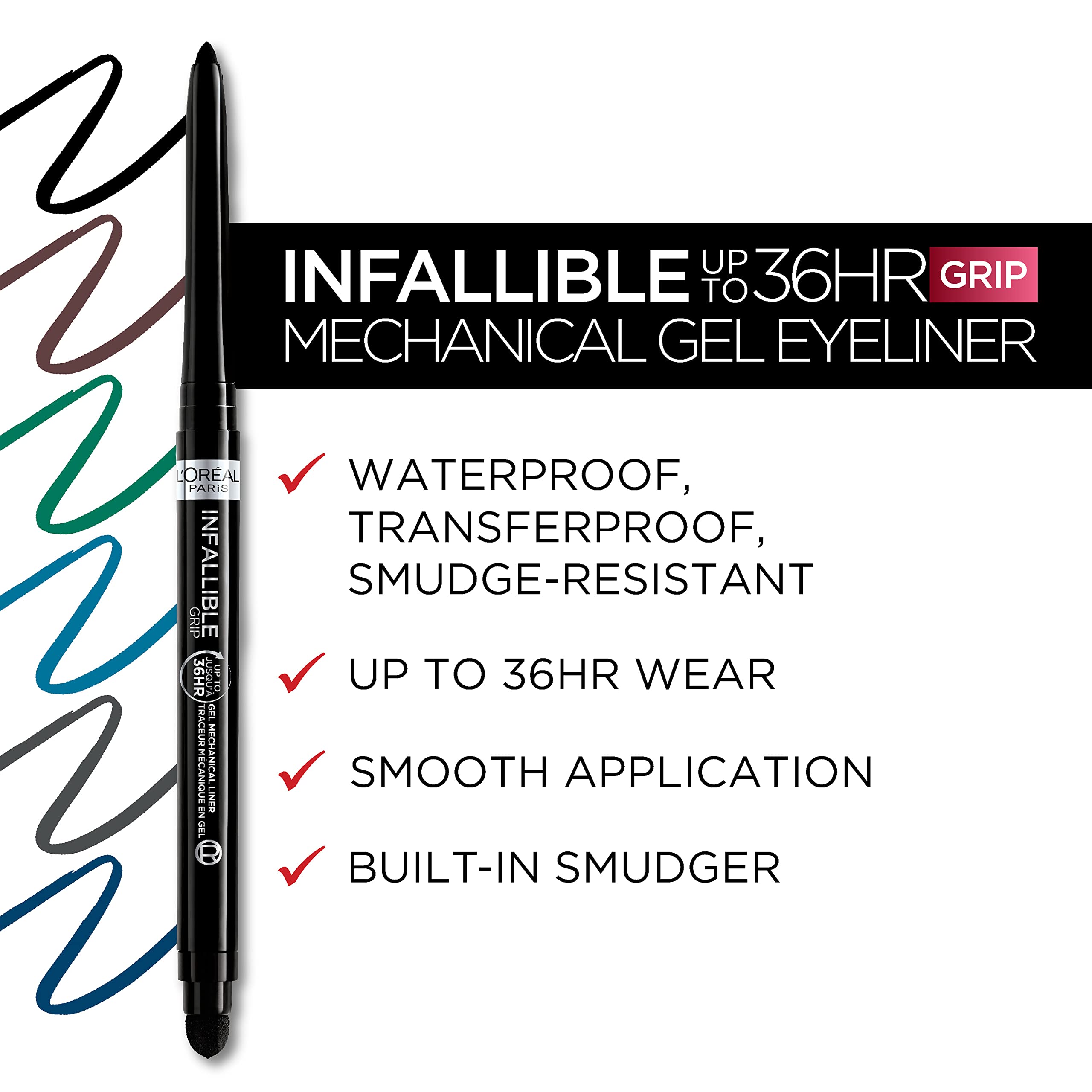 L’Oréal Paris Infallible Grip Mechanical Gel Eyeliner Pencil, Smudge-Resistant, Waterproof Eye Makeup with Up to 36HR Wear, Intense Black, 1 Kit