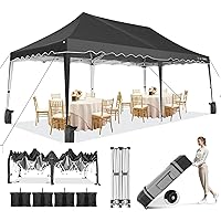 HOTEEL 10x20 Pop Up Canopy Tent for Parties, Easy Up Canopy Tent for Backyard, Waterproof Outdoor Gazebo for Wedding Event Patio, Outside Instant Vendor Tent with 4 Sandbags & Rolling Bag,Black