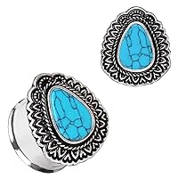 316L Stainless Steel Ornate Teardrop WildKlass Plug with Turquoise Inlay