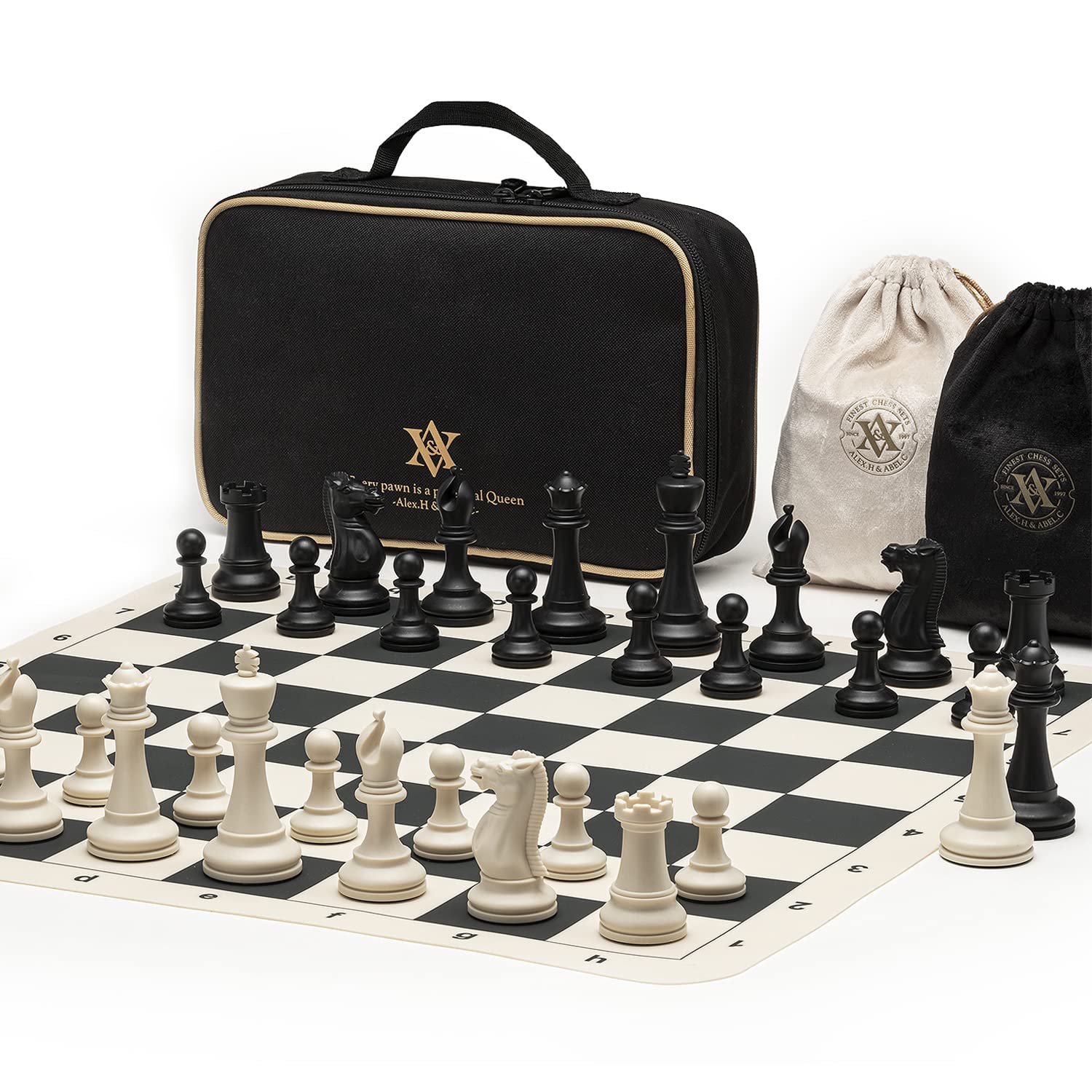 A&A Tournament Chess Set / 20''x20'' Foldable Silicone Chess Board / 3.75'' King Height Plastic Quadruple Weighted Classic Staunton Pieces/Storage Bag