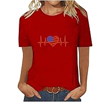 4th of July Shirts Women Love Heart USA Flag Patriotic Tee Tops Summer Funny Heartbeat Graphic Short Sleeve T-Shirts