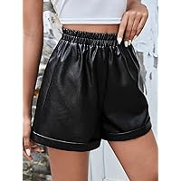 Shorts for Women Shorts Women's Shorts Elastic Waist Roll Hem Leather Shorts Shorts (Color : Black, Size : Medium)