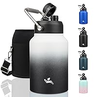 Half Gallon Jug with Handle,64oz Insulated Water Bottle with Carrying Pouch,Double Wall Vacuum Stainless Steel Metal Bottle,Day & Night