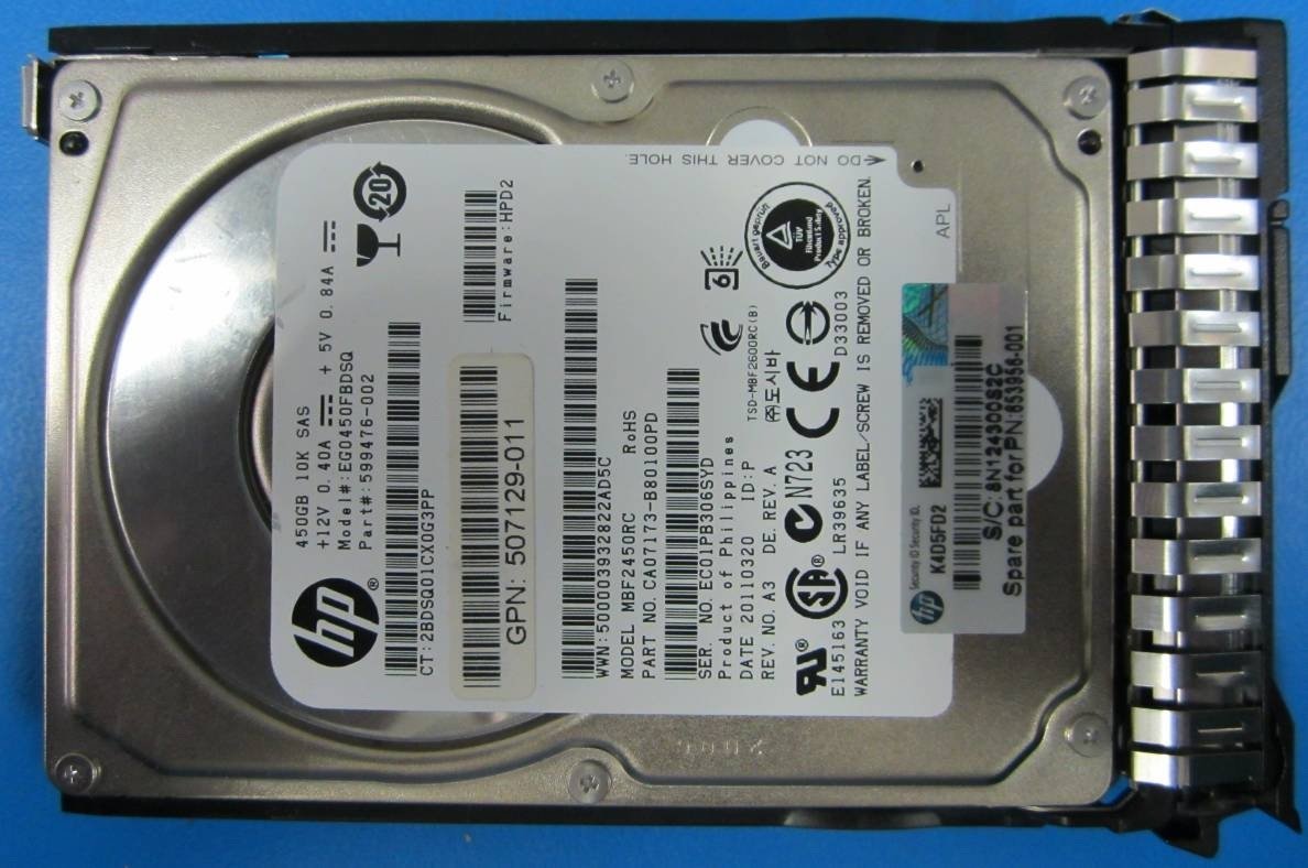 HP 653956-001 HP 653956-001 450GB hot-plug dual-port SAS hard drive - 10,000 RPM, 6Gb/sec transfer rate, 2.5-inch small form factor (SFF), Enterprise, SmartDrive Carrier (SC) - Not for use in MSA products