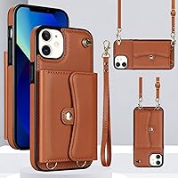 Compatible with iPhone 12 Wallet Case with Crossbody Lanyard Strap, RFID Blocking Card Slots Holder and Wrist Strap Lanyard (Brown)