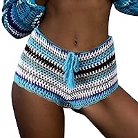 Biker Shorts for Women High Waist Crochet Knit Striped Beach Shorts Stretch Drawstring Flowy Casual Shorts with Pockets