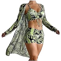 Swimwear for Women 3 Piece,Lace Up Sexy Bikini Set Beachwear Long Sleeve Print Swimsuit Cover Up Adjustable Straps