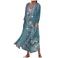 Summer Casual Loose Fit Print Dresses with Pockets Long Sleeve Crewneck Dresses Fit and Flare Dress for Holiday Party