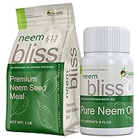 Neem Bliss (8 Fl Oz) + Neem Meal (1lb) - Neem Seed Meal for Plants - Organic Neem Cake Fertilizer for Plants, Soil Health, & Root Growth - Organic Fertilizer Improves Nutrient Intake & Crop Yields