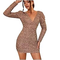 Womens Sparkly Cocktail Dresses 2024 Sexy Deep V Neck Mini Sequin Bodycon Dress Glitter Puff Long Sleeve Party Dresses