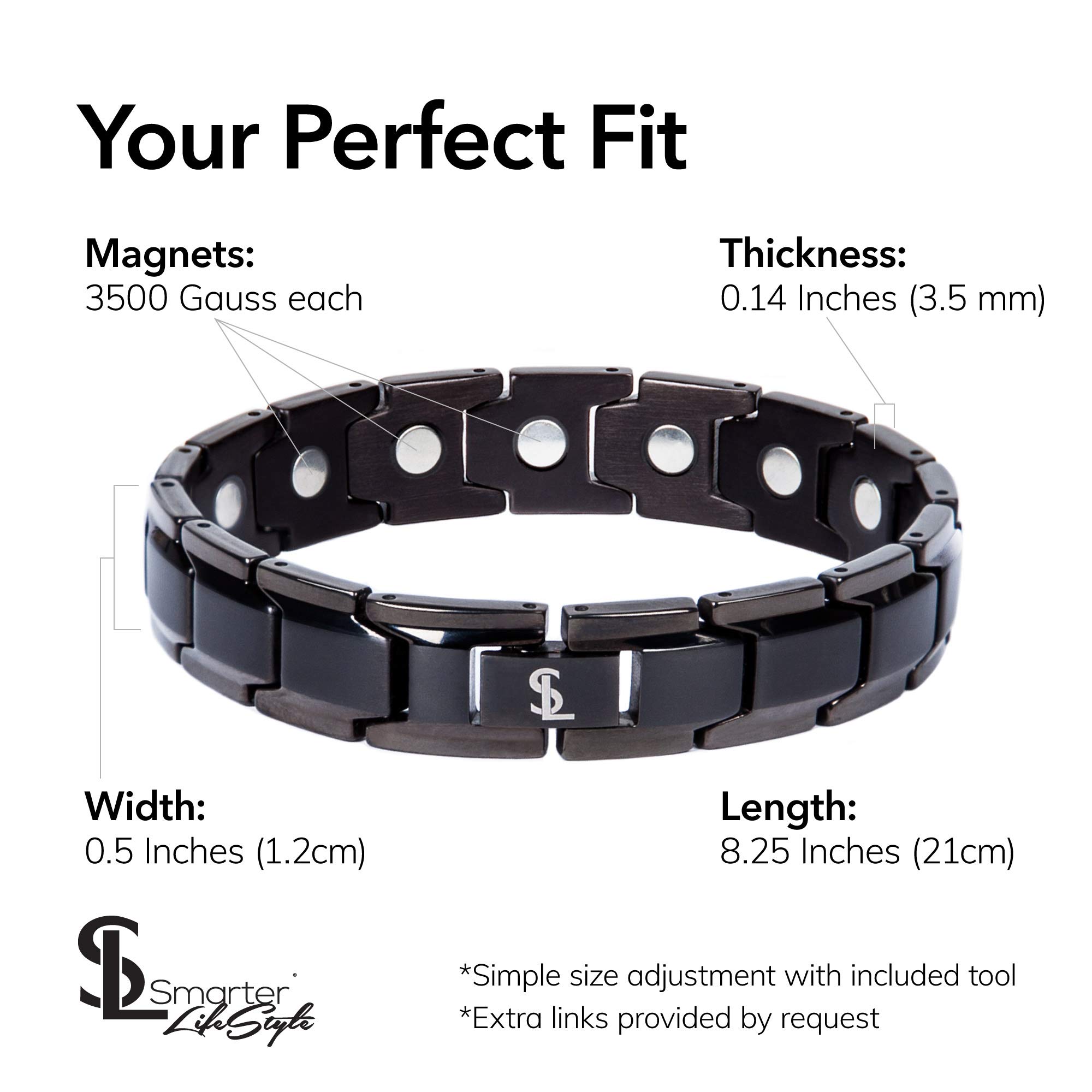 Smarter LifeStyle Elegant Titanium Magnetic Bracelet for Men and Women- Adjustable Bracelet Length with Sizing Tool for Perfect Fit, Women Mens Bracelet (Black)