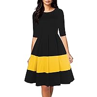 oxiuly Women's Vintage Half Sleeve O-Neck Contrast Casual Pockets Party Swing Dress OX253