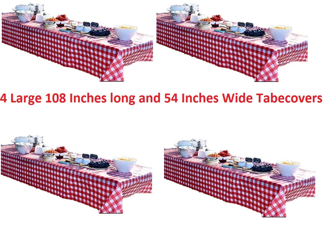 Oojami Pack of 4 Plastic Red and White Checkered Tablecloths - 4 Pack - Picnic Table Covers