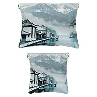 2Pcs Faux Leather Makeup Bag Set, Small Makeup Pouch, Portable No Zipper Makeup Pouch, Multifunctional Travel Storage Bag, Chinese Style Painting Mountain Lake Boat