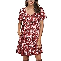 Women's Casual Loose-Fitting Summer V-Neck Trendy Glamorous Dress Swing Print Short Sleeve Knee Length Beach Flowy Wine