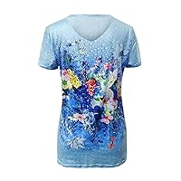 Independence Day Patriotic Trendy Tops USA Flag Floral Short Sleeve Fancy Memorial Day Graphic V Neck Summer Gym Tops