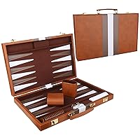 Backgammon Set - Classic Board Game with Premium Leather Case - Portable Travel Strategy Backgammon Game Set for Adults, Kids (15inch, Brown)