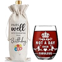 Birthday Gifts for Women Men, Not a Day Over Fabulous Wine Glass and Bottle Gift Bag Set, Birthday Anniversary Party Decorations Supplies Unique Birthday Gifts for Wine Lovers