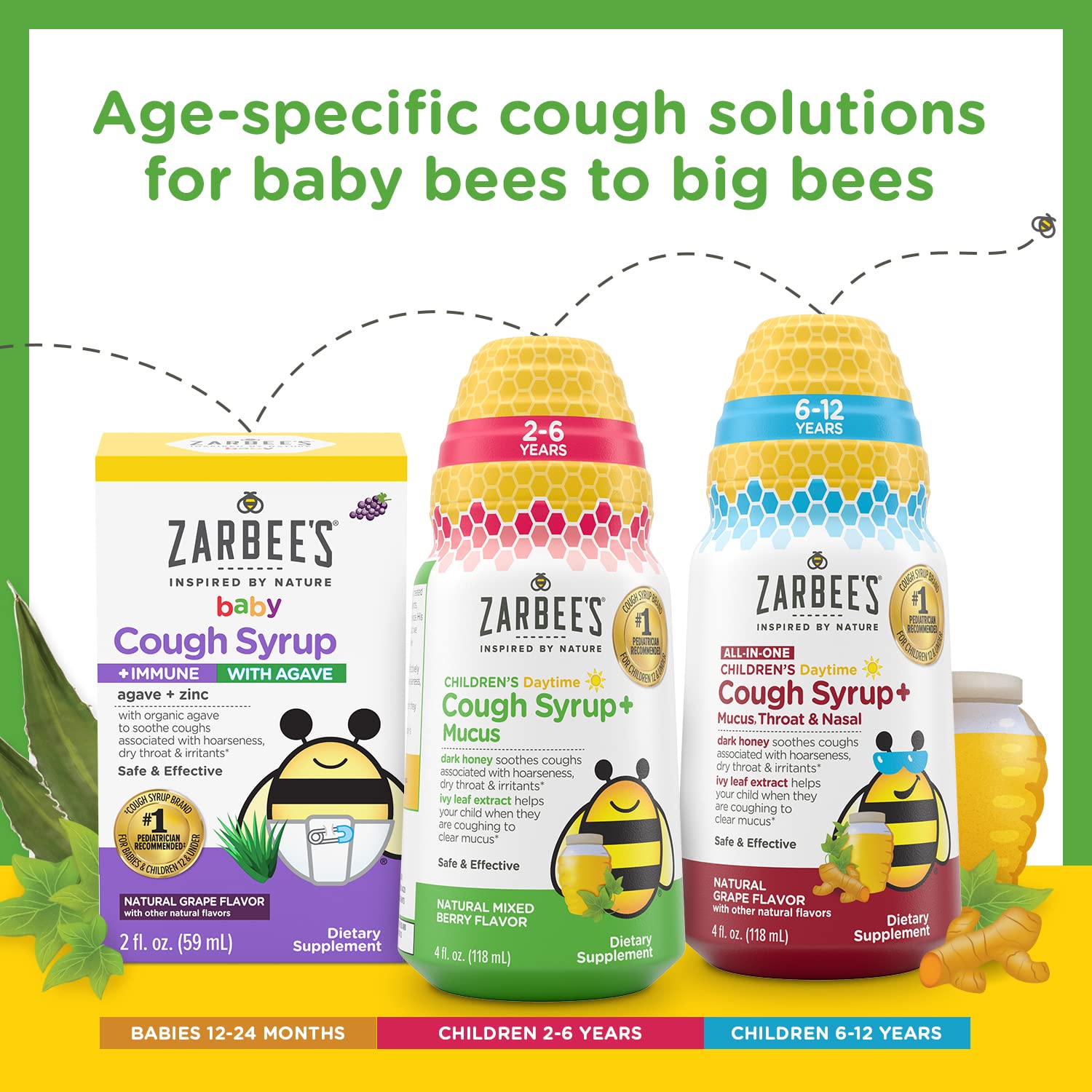 Zarbee's Kids Cough + Mucus Day/Night Value Pack for Children 2-6 with Dark Honey, Ivy Leaf, Zinc & Elderberry, 1 Pediatrician Recommended, Drug & Alcohol-Free, Mixed Berry Flavor, 2x4FL Oz