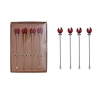 Creative Co-Op Silver, Stainless Steel Picks with Glass Crab Claws, Red, Set of 4, Small
