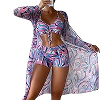 3 Piece Women's Swimsuit, Sexy Floral Printed Push Up Bikini Set with Kimono Cover Ups, High Waist Beach Wear