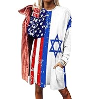 American Israel Flag Women's Long Sleeve T-Shirt Dress Casual Tunic Tops Loose Fit Crewneck Sweatshirts with Pockets