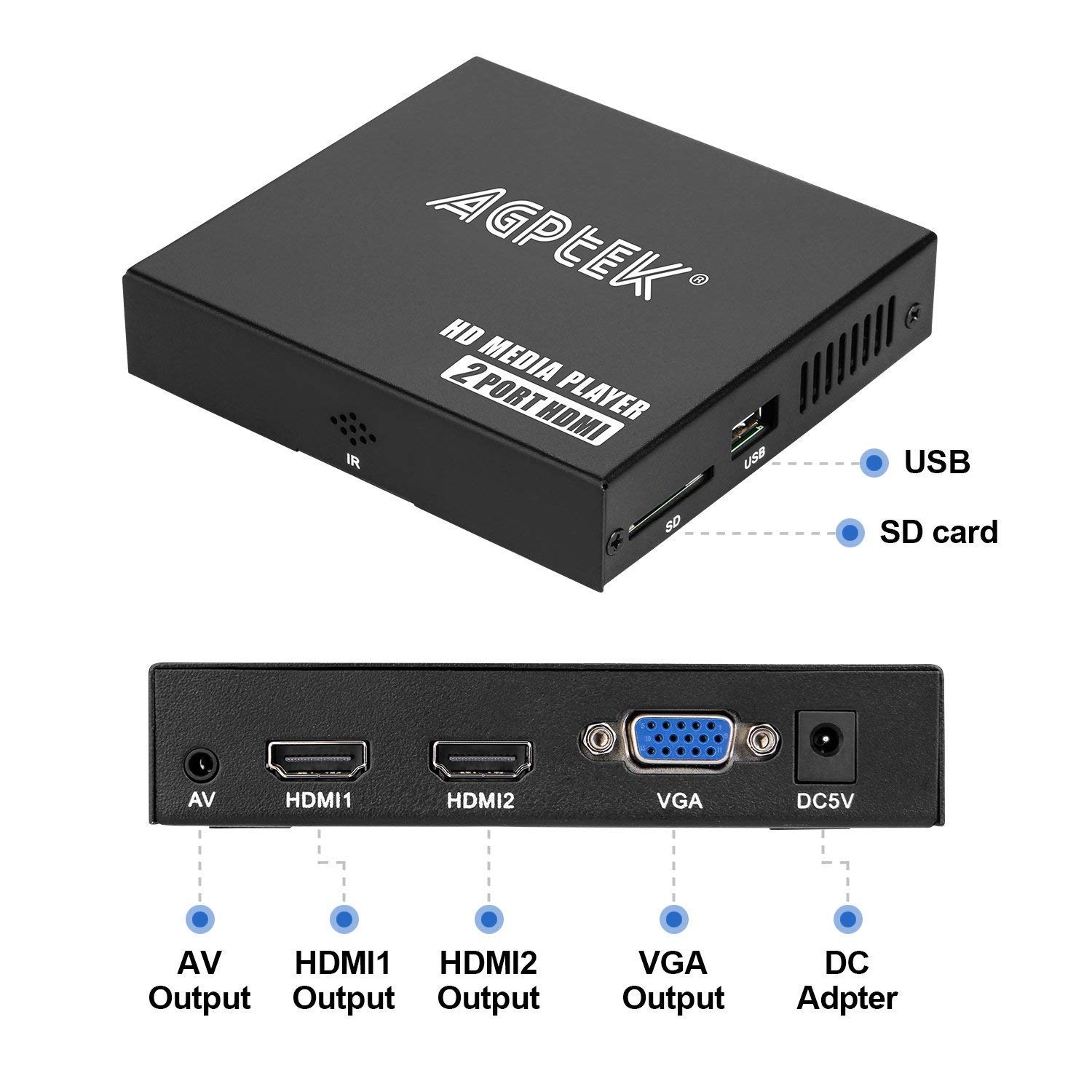 1080P Media Player with ONE AV Cable, Dual HDMI Outpus, Portable MP4 Player for Video/Photo/Music Support USB Drive/SD Card/HDD - HDMI/AV/VGA Output …
