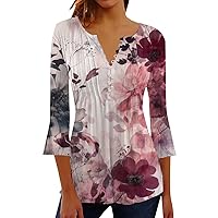 T Pack Womens Spring/Summer 3/4 Sleeves Fashion Print Pleated Button Pullover T Shirt Comfortable Tight Lace Long
