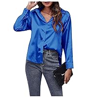 Women's Spring Outfits Woman's Fashion Casual V-Neck Solid Button Satin Imitation Silk Long Sleeved Shirt Top