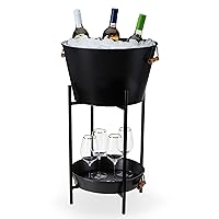 Twine Black Beverage Tub with Stand, Galvanized Metal Bucket and Tray, Acacia Wood Handles, Set of 3