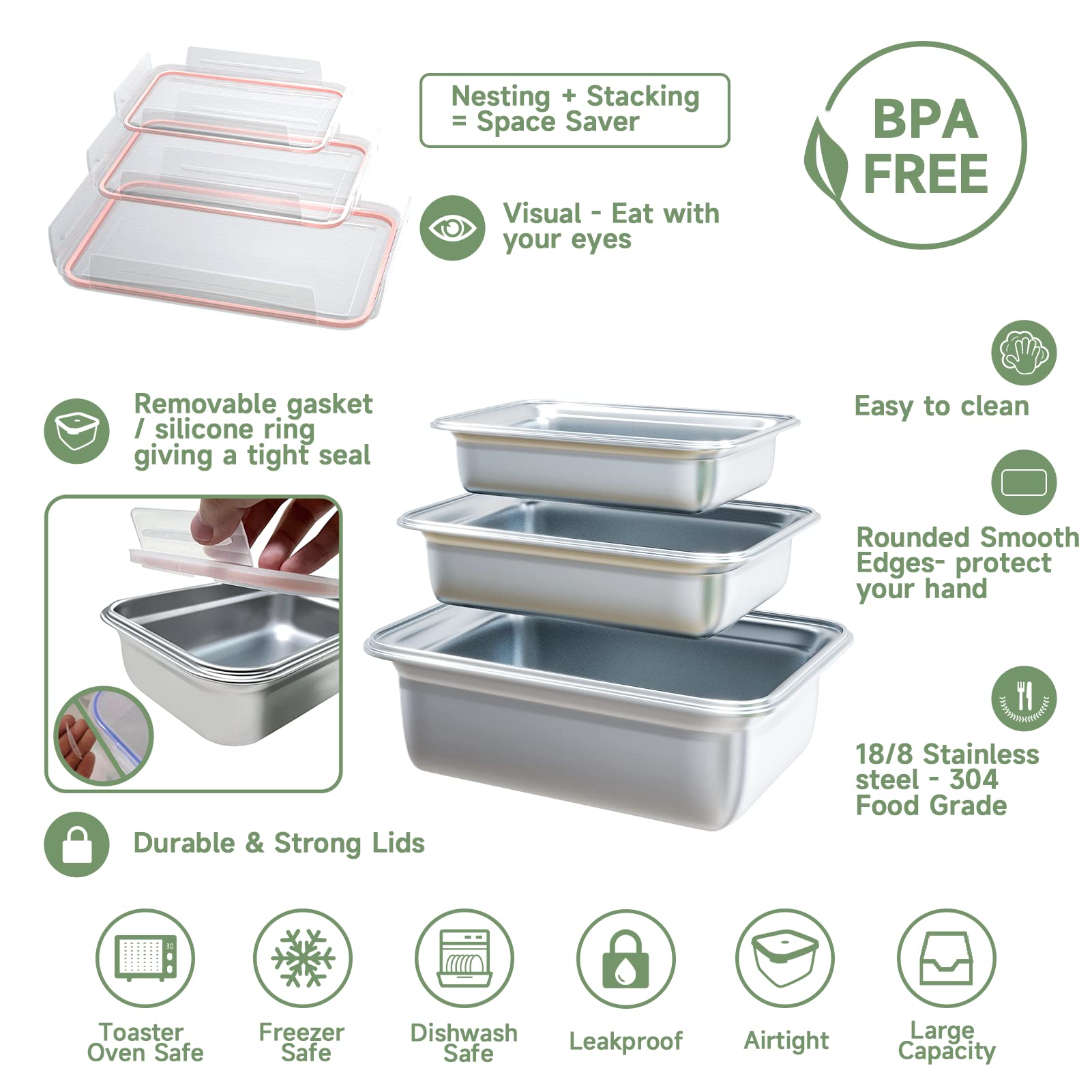 Freshmage Stainless Steel Bento Box Adult Lunch Box, Leakproof Stackable  Large C