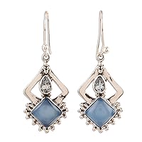 NOVICA Handmade Chalcedony Topaz Dangle Earrings from India .925 Sterling Silver Gemstone Birthstone [1.7 in L x 0.6 in W x 0.2 in D] 'Blue Creativity'