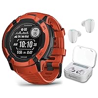 Wearable4U Garmin Instinct 2X Solar Rugged 50 mm GPS Smartwatch, Flame Red with Power Glass Lens, LED Flashlight White Earbuds Bundle