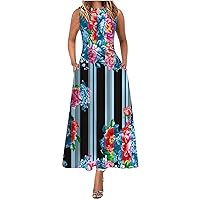 Women Vintage Floral Keyhole Neck Tank A-Line Dress Summer Sleeveless Fashion Flowy Tunic Maxi Dresses with Pockets