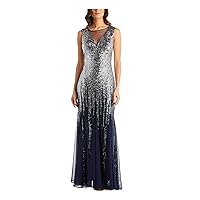 R&M Richards Womens Navy Stretch Sequined Zippered Sheer Insets Lined Ombre Sleeveless Illusion Neckline Full-Length Formal Mermaid Dress Petites 10P