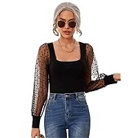 Womens Summer Tops Sexy Casual T Shirts for Women Contrast Dobby Mesh Lantern Sleeve Top