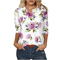 Womens 2024 Summer Tops Floral Printed Casual Button Round Neck 3/4 Sleeve Tshirts Ladies Loose Blouse Tunic Tops