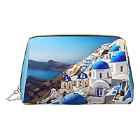 Santorini Greek Island Sea View Print Leather Makeup Bag Small Travel Cosmetic Bag For Women,Cosmetic Organizer Makeup Pouch For Purse